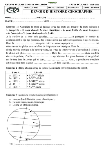 Devoir de Histoire-Géographie Collège Sainte Foi Abobo Niveau 6ème 2022