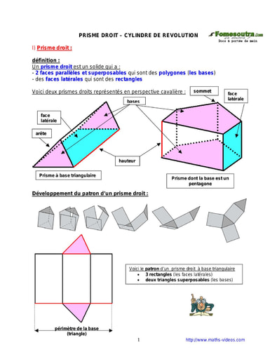 Prisme droit - Cylindre de révolution - Cours de maths niveau 5eme