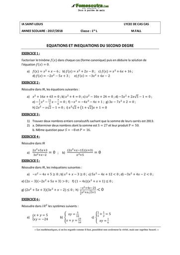 Sujet de Maths niveau première L Lycée de CAS CAS - IA Saint-Louis