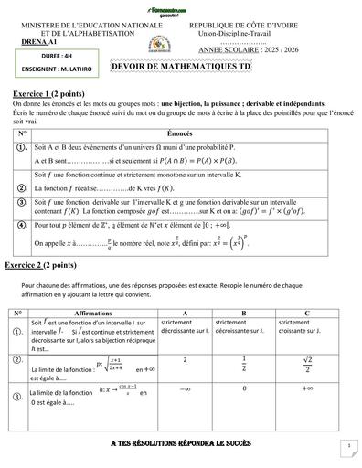 SUJET Tle D DEVOIR DE MATHS Tle D DRENA ABIDJAN 1 BY TEHUA