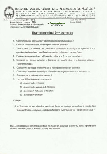Sujet Introduction à l'Economie (2) niveau Licence- Université Charles-Louis De Montesquieu