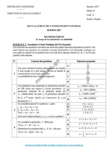 MATHS BAC B GABON 2017 SERIE DJAHASHIKAN