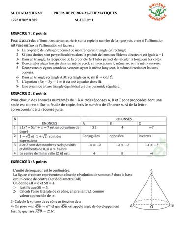 SUJET 1 PREPA BEPC MATHS 2024 by DJAHASHIKAN