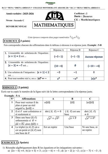 DEVOIR DE MATHS 2nde C  fin du trimestre Collège Montherlant Adjamé by TEHUA