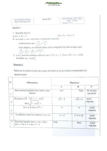 Sujet de Mathématiques Seconde C Lycée Classique Abidjan 2022