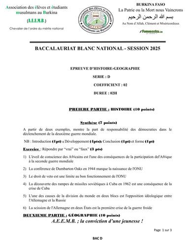 BAC BLANC 2025 SERIE D Sujet HISTOIRE GEOGRAPHIE A E E M B BURKINA FASO BY TEHUA