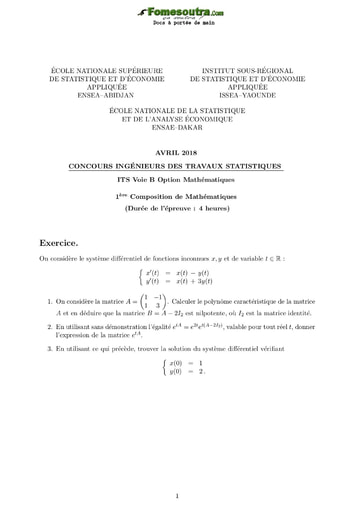 Tous les Sujets et Corrigés - Concours ITS B option Maths 2018 (ENSEA - ISSEA - ENSAE)