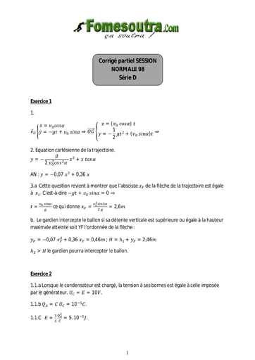 Corrigé de Physique-Chimie BAC D 1998