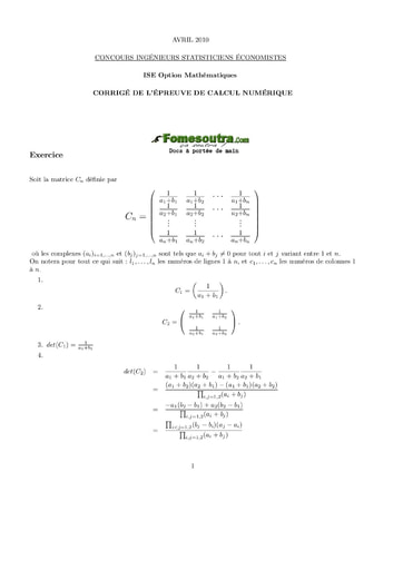 Corrigé Calcul numérique ISE option maths 2010 (ENSEA - ISSEA - ENSAE)