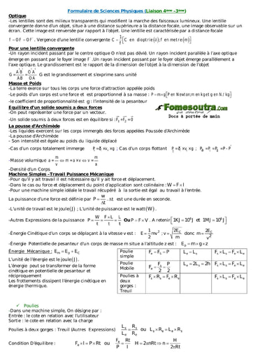 Formulaire de Sciences Physiques niveau 4eme - 3eme