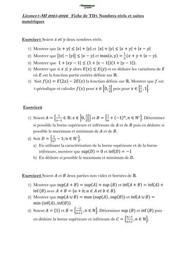 MATHS SUP FICHE TD ANALYSE L1 Nombres réels et suites numeriques by TEHUA