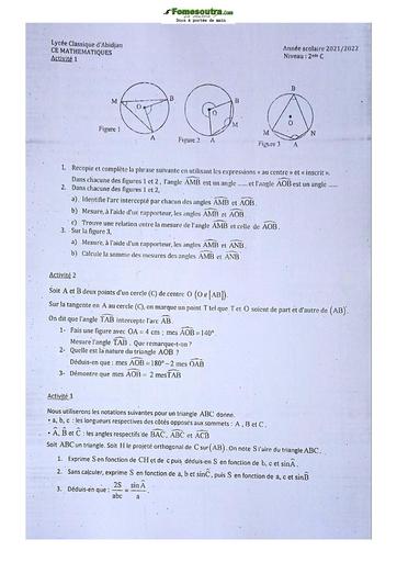 Sujet de Mathématique Seconde C Lycée Classique Abidjan 2021-2022