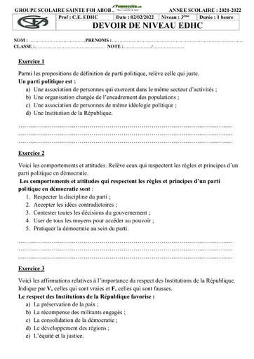 Devoir EDHC Niveau 3ème Collège Sainte Foi Abidjan 2021-2022