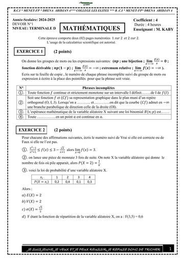 Devoir de maths Tle D N°1 Trimestre 1 sujet+barème 2024 2025 By Tehua