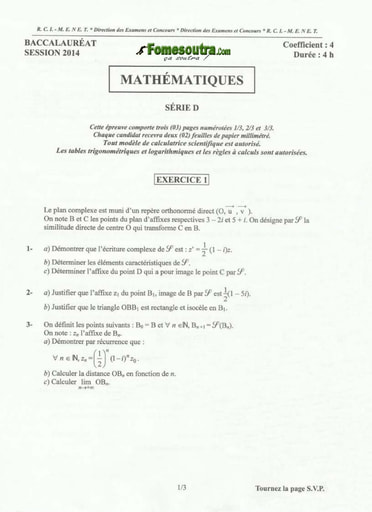 Sujet de Maths BAC D 2014