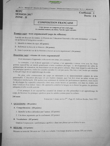 Sujet corrigé et barème Composition Française BEPC 2017 Zone 2
