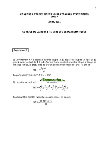 Corrigé 2ème épreuve de maths ITS A 2001 (ENSEA - ENSAE - ISSEA)