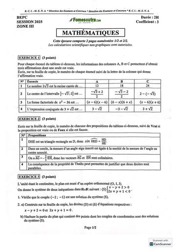 BEPC session 2025 Zone 3 sujet de Mathématiques Côte d'Ivoire By TEHUA