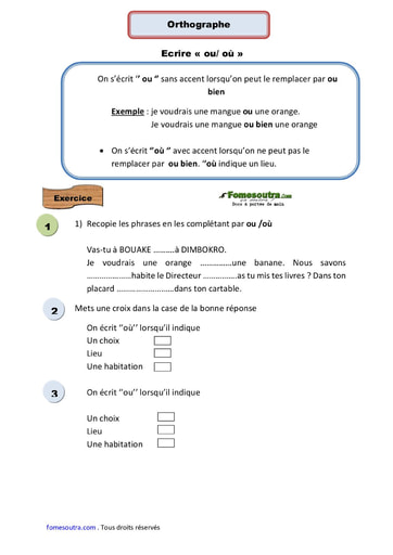 Ecrire « ou/ où » - Cours CE1