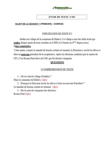 COURS DE VACANCES PRIMAIRE ETUDE DE TEXTE CORRIGE SUJET 1 CM