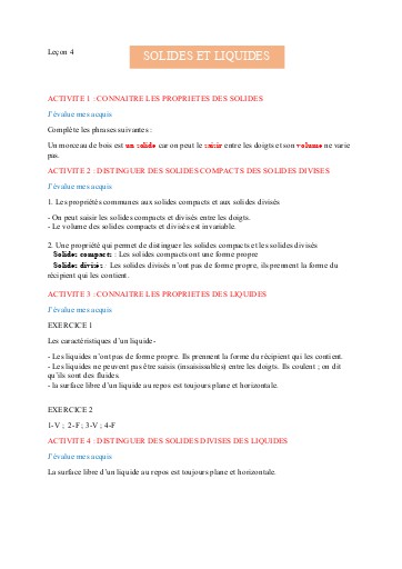 Leçon 4   Solides et liquides 6e corrigé