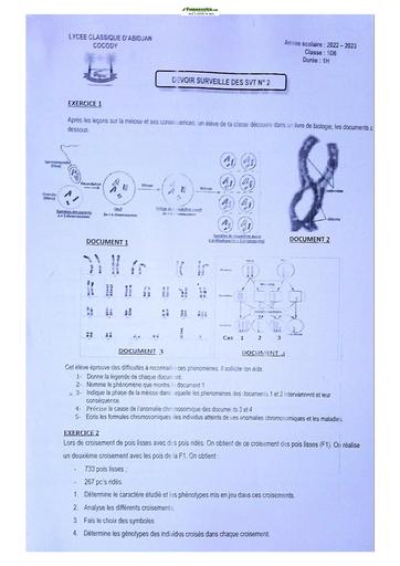 Sujet de SVT niveau Première D Lycée Classique Abidjan 2022-2023