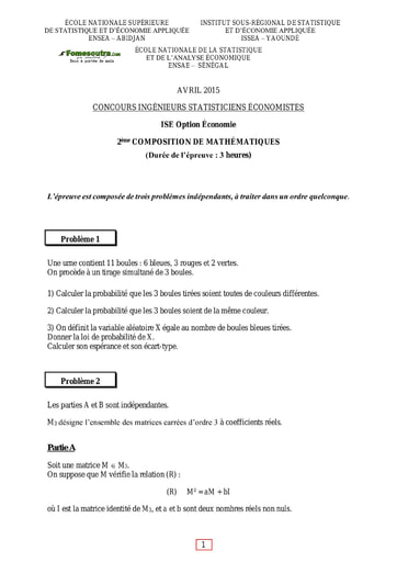 Sujet et Corrigé 2ème épreuve de maths ISE option économie 2015 (ENSEA - ISSEA - ENSAE)