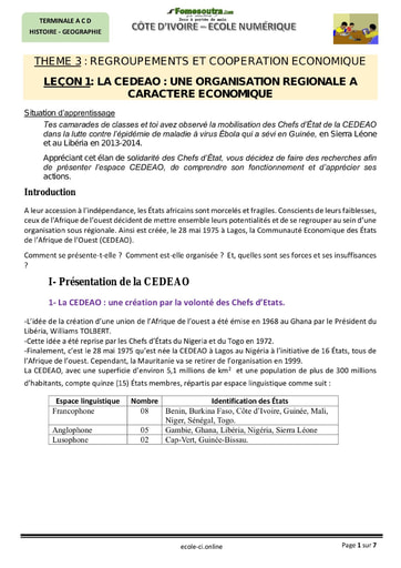 Cours : LA CEDEAO : UNE ORGANISATION REGIONALE A CARACTERE ECONOMIQUE