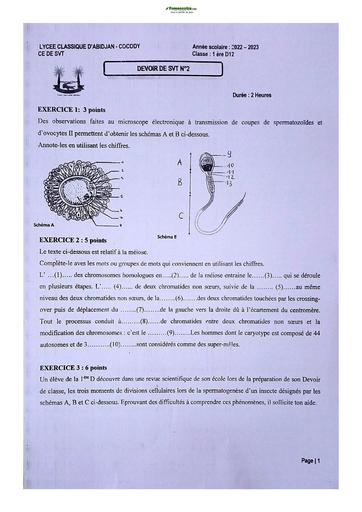 Sujet de SVT niveau Première D Lycée Classique Abidjan 2022-2023