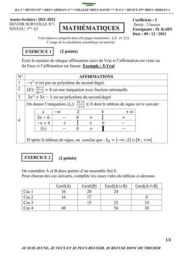 DEVOIR DE NIVEAU MATHS 1ière A2 TRIMESTRE 2 CP DAVID BY TEHUA