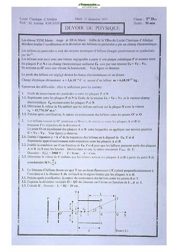 Sujet de Physique-Chimie Terminale D Lycée Classique Abidjan 21-22