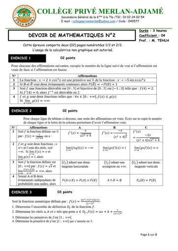 DEVOIR DE MATHS N°2 NIVEAU Tle D MERLAN DECEMBRE 2025 BY TEHUA