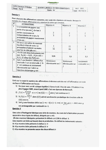 Sujets de Maths série D Lycée Classique d'Abidjan 21-22