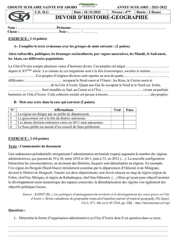 Devoir Histoire-Géographie Niveau 4ème 2022 Collège Sainte Foi