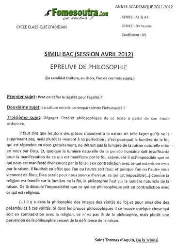 Sujet de Philo BAC blanc 2012 série A1 et A2 Lycée Classique d'Abidjan
