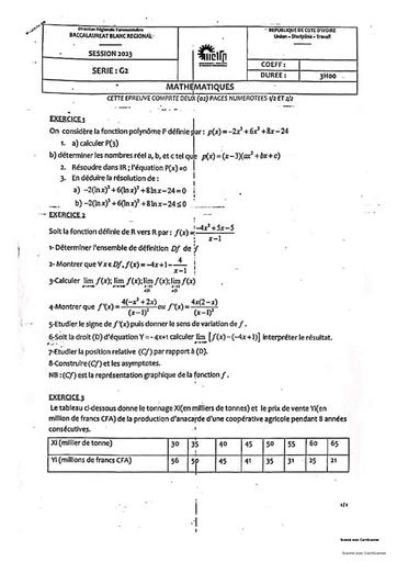 SUJET ET CORRIGE BAC BLANC 2023 MATHEMATIQUES SERIE G2 REGIONAL DE YAKRO COTE D'IVOIRE