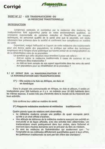 Sujet Corrigé de Dissertation: Les tradipraticiens ou la medecine traditionnelle