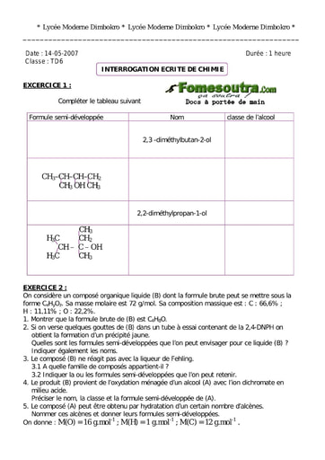 Interrogation 29 de Chimie niveau Terminale D