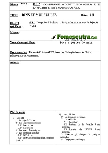 Ions et Molécules - Cours de Chimie 2nd C