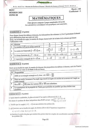 BEPC 2025 SUJET ET Corrigés   Barèmes MATHS ZONE 123 Côte d'IVOIRE BY TEHUA