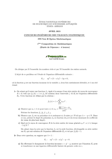 Sujet et Corrigé 1ère épreuve de maths ITS B option Maths 2015 (ENSEA)