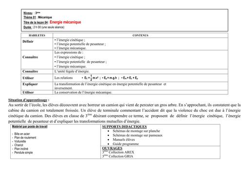 FICHE DE COURS PC 3ième L3 ENERGIE CINETIQUE ET POTENTIELLE by TEHUA