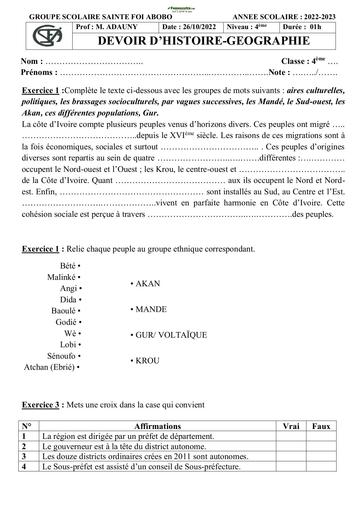 Devoir Histoire-Géographie Niveau 4ème Collège Sainte Foi 2023