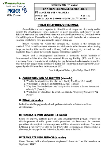 Sujet Anglais des affaires - Licence professionnelle 2eme année - PIGIER (2012)