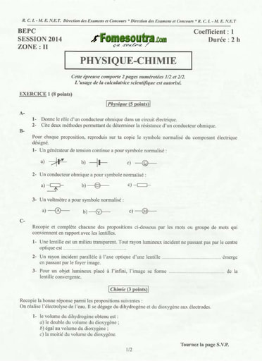 Sujet de Physique Chimie BEPC 2014 zone 2