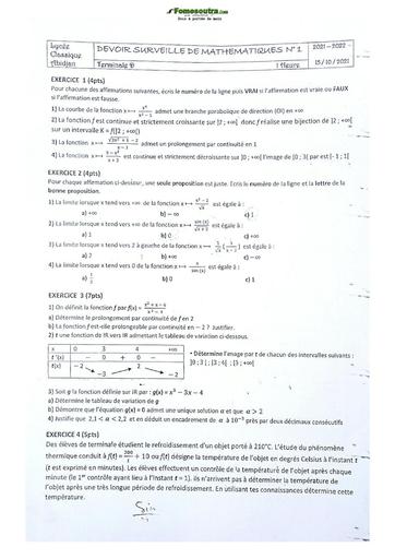 Sujet de Mathématique Terminale D Lycée Classique Abidjan 2021-2022