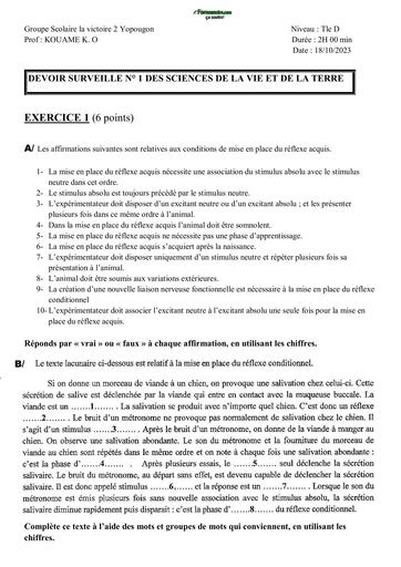 Sujet Tle D DEVOIR SVT Tle D GS Victoire 2 yopougon 2023 By Tehua