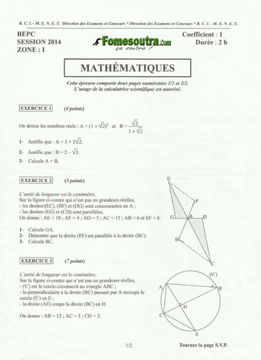 Sujet de mathématique BEPC 2014 Zone 1