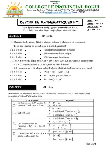 DEVOIR DE NIVEAU MATHS niveau 1ière A PROVINCIAL  NOVEMBRE 2025  by TEHUA