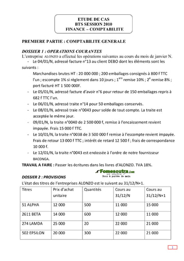 Sujet corrigé Etude de Cas BTS Finances Comptabilité 2010